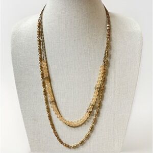 J Crew 3 Layer Necklace Peach Crystal Gold Tone Long 24" Boho Statement